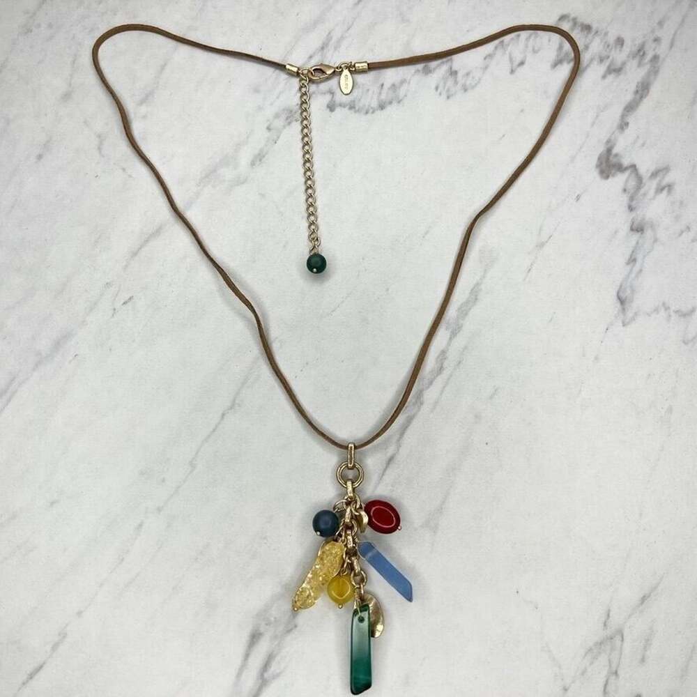 Chico's Brown Cord Gold Colorful Beaded Pendant Boho Necklace ✨